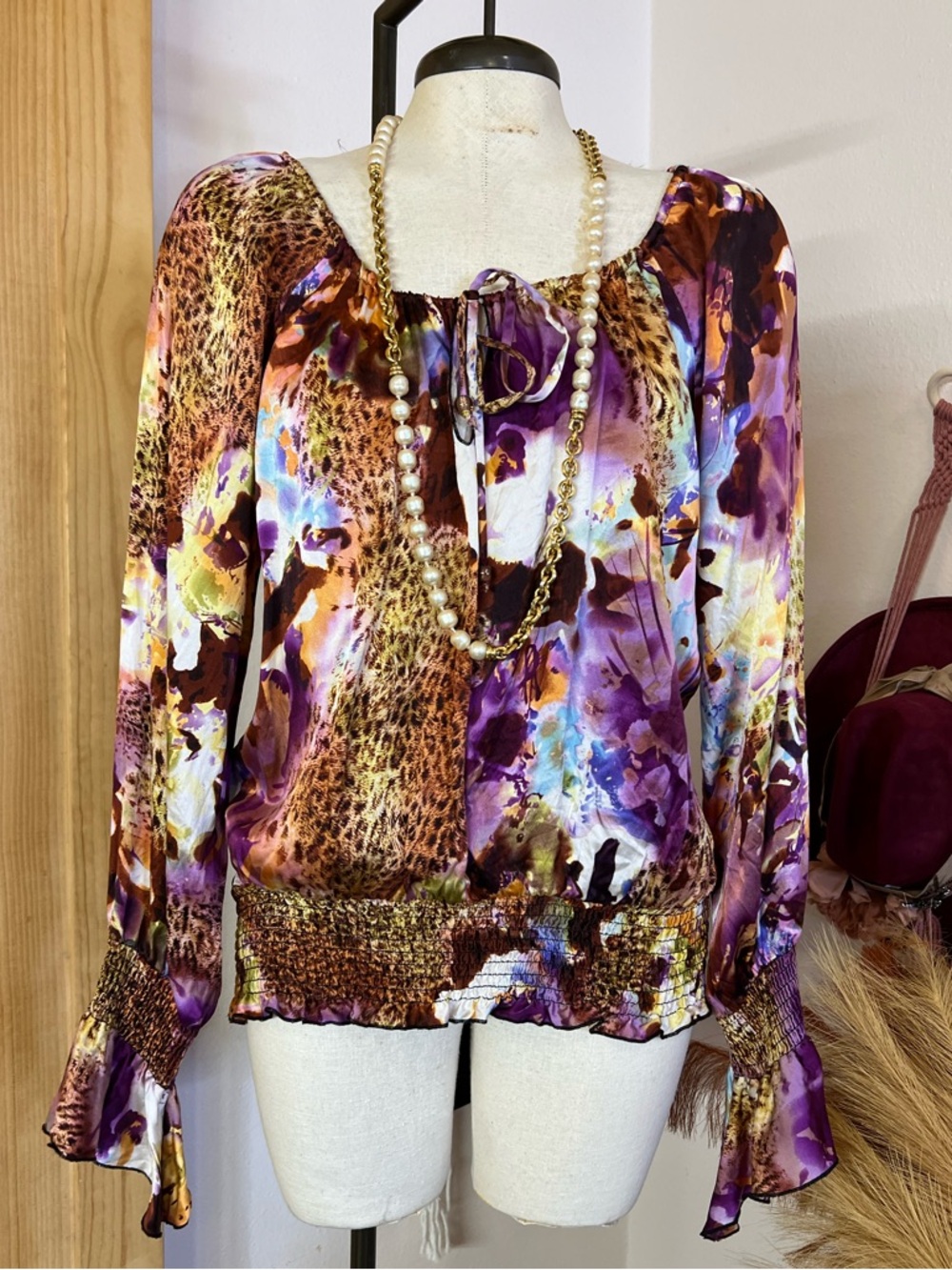 Vintage Cache Babydoll Blouse Top Shirt Size Large Animal Print Y2K